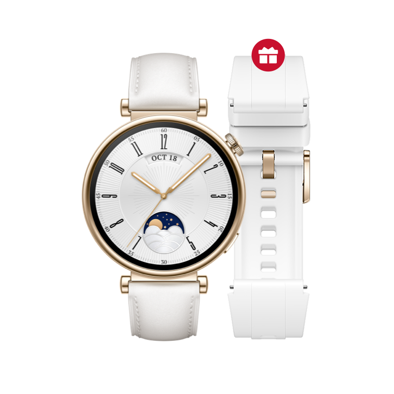 HUAWEI WATCH GT 4 41 mm goldenes Edelstahlgehäuse mit weißem Lederarmband HUAWEI WATCH GT 4 41 mm goldenes Edelstahlgehäuse mit weißem Lederarmband von HUAWEI