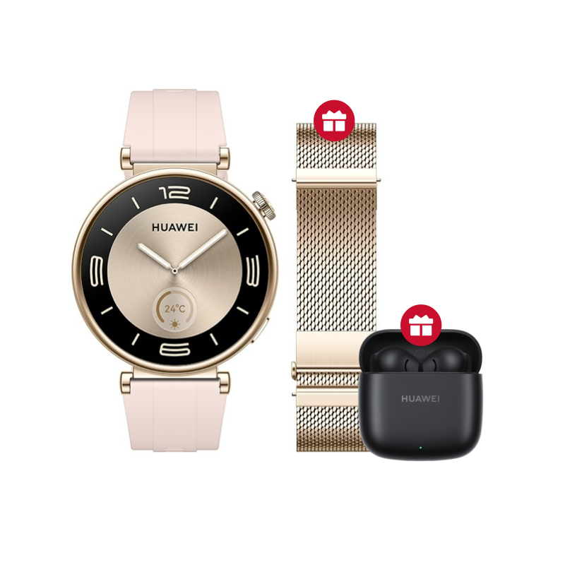 HUAWEI WATCH GT 4 41mm goldenes Edelstahlgehäuse mit goldenem Milanaise-Armband + EasyFit 2 Rosa Armband (2 in 1) von HUAWEI