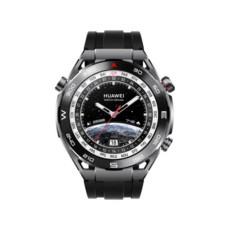HUAWEI WATCH Ultimate Entdeckerschwarz 48.5 mm, Gehäuse aus amorpher Zirkonium-Legierung, schwarzes HNBR-Gummi-Armband von HUAWEI