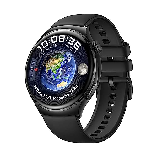 HUAWEI Watch 4, 3D-gewölbtes Glas- und Edelstahlgehäuse, 1,5" LTPO-AMOLED-Farbdisplay, schwarzes Fluoroelastomer-Armband, eSIM Telefonie, kompatibel mit Android & iOS,Deutsche Version von HUAWEI