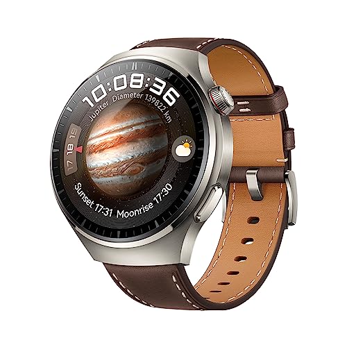 Huawei Watch 4 Pro, Gehäuse aus Raumfahrt-klassifizierter Titaniumlegierung & Saphirglas, dunkelbraunes Lederarmband, Gesundheitsschnellcheck mit 7 Parametern, eSIM Mobiltelefonie, deutsche Version von HUAWEI