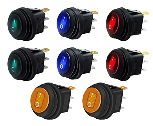 HUAZIZ 8 Stück Kippschalter 12V Wasserdicht Rundes Wippschalter 20A, Round Rocker Switch with LED, 4 Farben, 3 Pins EIN/AUS, für Car Boat Truck Trailer und Boote von HUAZIZ