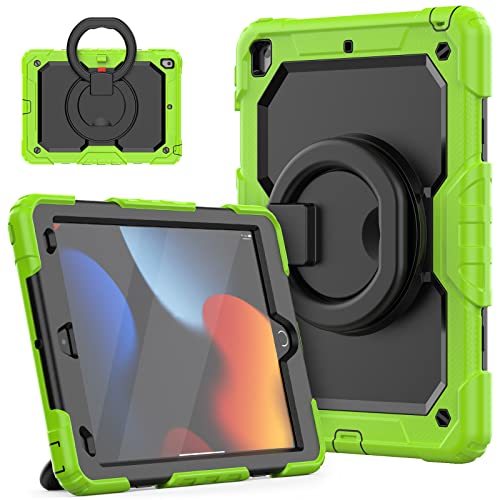 HUEZOE Hülle Kompatibel mit iPad 10,2 Zoll Modell 2021/2020/2019 Ganzkörper Stoßfeste Schutzhülle mit 360 Grad drehbarem Ständer für iPad 9/8/7, Grün von HUEZOE