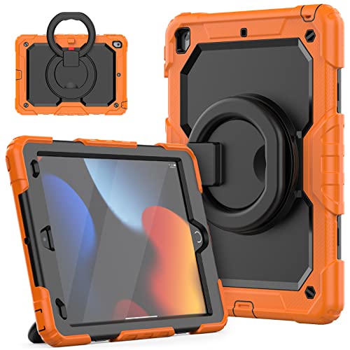 HUEZOE Hülle Kompatibel mit iPad 10,2 Zoll Modell 2021/2020/2019 Ganzkörper Stoßfeste Schutzhülle mit 360 Grad drehbarem Ständer für iPad 9/8/7, Orange von HUEZOE