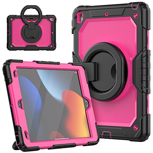 HUEZOE Hülle Kompatibel mit iPad 10,2 Zoll Modell 2021/2020/2019 Ganzkörper Stoßfeste Schutzhülle mit 360 Grad drehbarem Ständer für iPad 9/8/7, Rose Red1 von HUEZOE