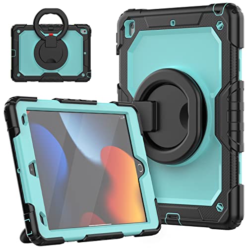 HUEZOE Hülle für iPad 10,2 Zoll, Modell 2021/2020/2019 Stoßfeste Ganzkörper Schutzhülle mit 360 Grad drehbarem Ständer Schultergurt für iPad 9/8/7, Hellblau Schwarz von HUEZOE