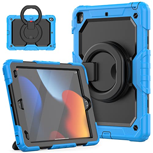 HUEZOE Hülle für iPad 10,2 Zoll, Modell 2021/2020/2019 Stoßfeste Ganzkörper Schutzhülle mit 360 Grad drehbarem Ständer Schultergurt für iPad 9/8/7, Hellblau von HUEZOE