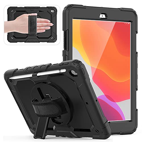 HUEZOE Hülle kompatibel mit iPad 10,2 Zoll, Modell 2021/2020/2019, Ganzkörper Stoßfester Schutz Abdeckung mit 360 Grad drehbarem Ständer Handschlaufe Schultergurt für iPad 9/8/7 Generation, Schwarz von HUEZOE
