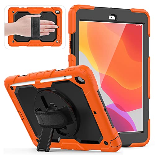 HUEZOE Hülle kompatibel mit iPad 10,2 Zoll, Modell 2021/2020/2019, Ganzkörper Stoßfester Schutz Abdeckung mit 360 Grad drehbarem Ständer Handschlaufe Schultergurt für iPad 9/8/7 Generation, Orange von HUEZOE