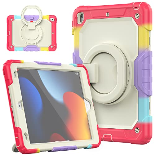 HUEZOE Hülle kompatibel mit iPad 10,2 Zoll Modell 2021/2020/2019 Ganzkörper-Stoßfeste Schutzhülle mit 360 Grad drehbarem Ständer für iPad 9/8/7, Regenbogenrot von HUEZOE