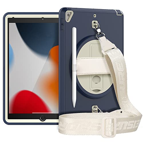 HUEZOE Schutzhülle für iPad 10,2 Zoll 9/8/7 Generation (Modell 2021/2020/2019), stoßfeste Schutzhülle mit 360 Grad drehbarem Ständer, Handgelenkschlaufe und Stifthalter, Marineblau von HUEZOE