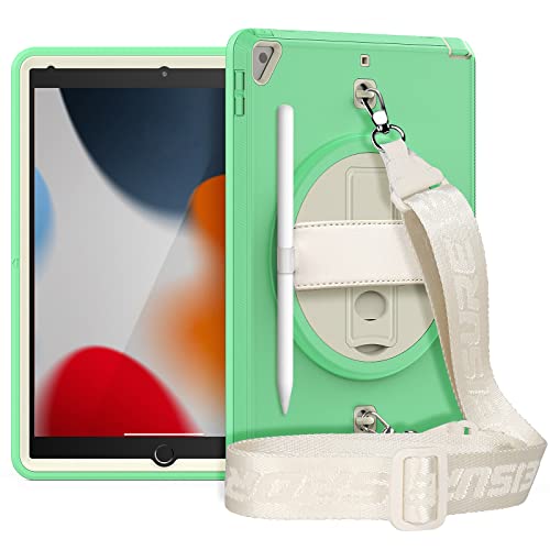 HUEZOE Schutzhülle für iPad 10,2 Zoll 9/8/7 Generation (Modell 2021/2020/2019), stoßfeste Schutzhülle mit 360 Grad drehbarem Ständer, Handgelenkschlaufe und Stifthalter, grün von HUEZOE