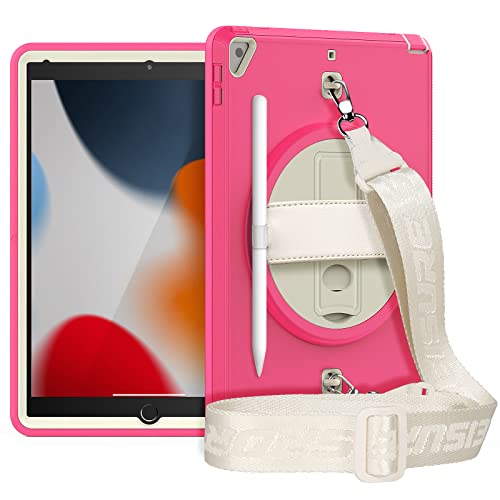 HUEZOE Schutzhülle für iPad 10,2 Zoll 9/8/7 Generation (Modell 2021/2020/2019), stoßfeste Schutzhülle mit 360 Grad drehbarem Ständer, Handschlaufe und Stifthalter, Rosenrot von HUEZOE
