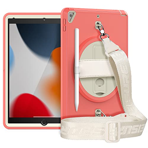HUEZOE Schutzhülle für iPad 10,2 Zoll 9/8/7 Generation (Modell 2021/2020/2019), stoßfeste Schutzhülle mit 360 Grad drehbarem Ständer, Handschlaufe und Stifthalter, Wassermelonenrot von HUEZOE