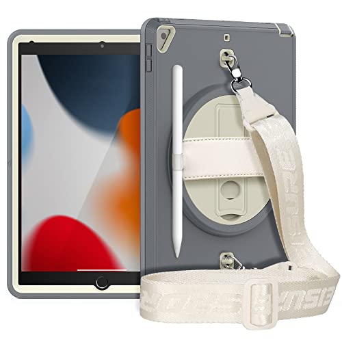 HUEZOE Schutzhülle für iPad 9/8/7 (10,2 Zoll), Modell 2021/2020/2019, stoßfest, mit drehbarem Ständer, Grau von HUEZOE