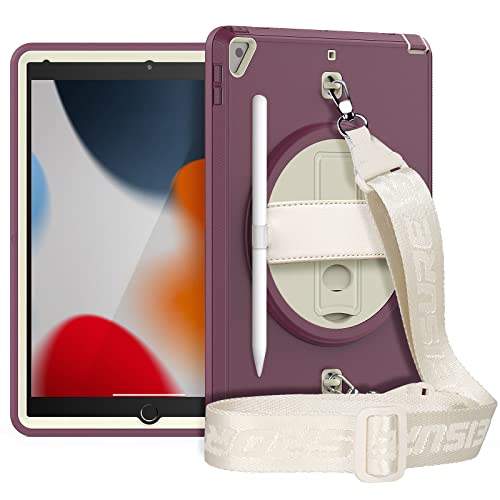 HUEZOE Schutzhülle für iPad 9/8/7 (10,2 Zoll, Modell 2021/2020/2019), Rundumschutz, stoßfest, mit Ständer, um 360 Grad drehbar, Handschlaufe mit Stifthalter, tiefrosa von HUEZOE