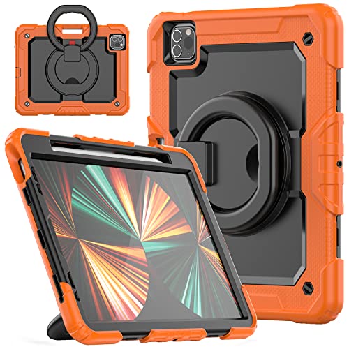 HUEZOE Schutzhülle kompatibel mit iPad Pro 11 Zoll, Modell 2021/2020/2018, stoßfeste Schutzhülle für den gesamten Körper mit drehbarem Ständer/Stifthalter, Orange von HUEZOE