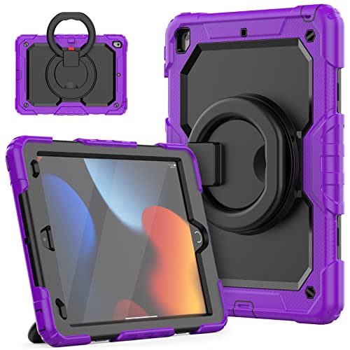 HUEZOE Stoßfeste Hülle Kompatibel mit iPad 10,2 Zoll (9./8./7. Generation), Robuste Schutzhülle mit Drehbarem Ständer/Verstellbare Schultergurte, Lila von HUEZOE