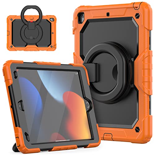 HUEZOE Stoßfeste Hülle Kompatibel mit iPad 10,2 Zoll (9./8./7. Generation), Robuste Schutzhülle mit Drehbarem Ständer/Verstellbare Schultergurte, Orange von HUEZOE
