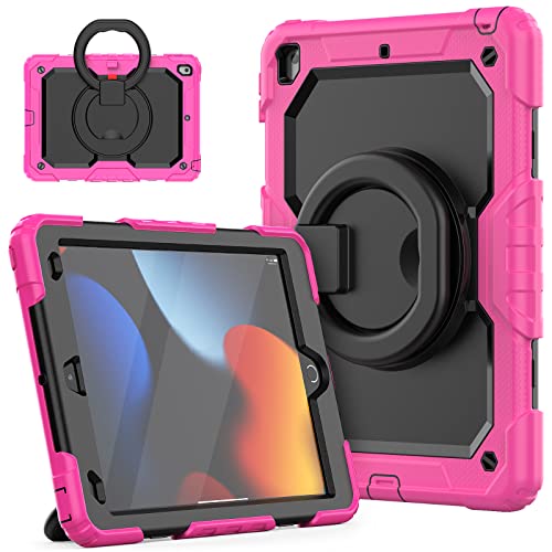 HUEZOE Stoßfeste Hülle Kompatibel mit iPad 10,2 Zoll (9./8./7. Generation), Robuste Schutzhülle mit Drehbarem Ständer/Verstellbare Schultergurte, Rosa Rot von HUEZOE