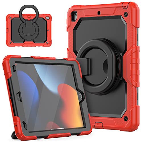 HUEZOE Stoßfeste Hülle Kompatibel mit iPad 10,2 Zoll (9./8./7. Generation), Robuste Schutzhülle mit Drehbarem Ständer/Verstellbare Schultergurte, Rot von HUEZOE