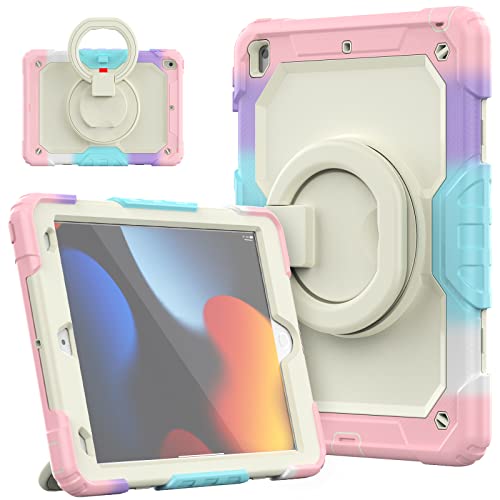 HUEZOE iPad 10,2 Zoll Hülle, Modell 2021/2020/2019 Stoßfeste Ganzkörper Schutzhülle mit 360 Grad drehbarem Ständer Schultergurt für iPad 9/8/7, Rosa Regenbogen von HUEZOE