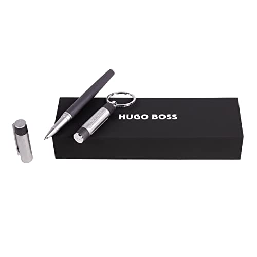 Hugo Boss Schreib-Set Gear Ribs Gun Tintenroller & Schlüsselring aus Aluminium, Messing, Farbe Silber/Pastellgrau/Dunkelgrau, Abmessungen: 200 x 62 x 34 mm, HPKR306D von HUGO BOSS