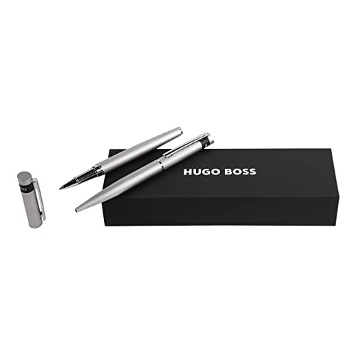 Hugo Boss Schreib-Set Loop Diamond Chrome Kugelschreiber & Tintenroller aus Messing hergestellt, Farbe: Pastellgrau/Silber, Abmessungen: 200 x 62 x 34 mm, HPBR367B von Hugo Boss