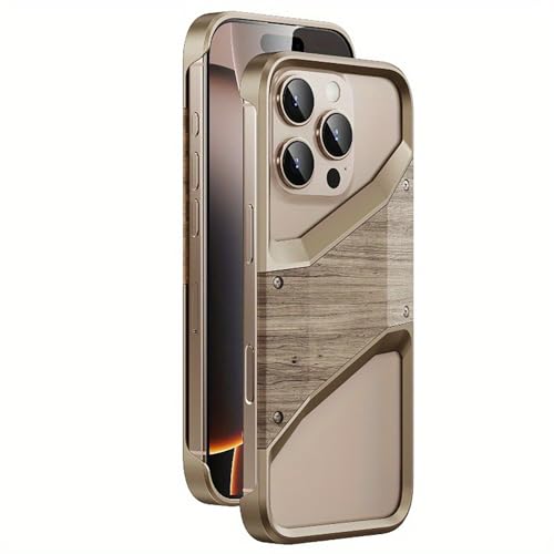 HUHUCASE Schutzhülle aus Massivholz und Aluminiumlegierung, geeignet für iPhone 15/16Promax, rahmenlose Metallhülle, hohl, Anti-Fall-Schutzhülle (Desert Gold, iPhone 16Promax) von HUHUCASE