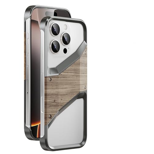 HUHUCASE Schutzhülle aus Massivholz und Aluminiumlegierung, geeignet für iPhone 15/16Promax, rahmenlose Metallhülle, hohl, Anti-Fall-Schutzhülle (Grau, iPhone 16pro) von HUHUCASE