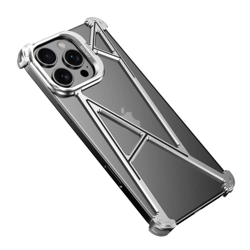 HUHUCASE Schutzhülle für iPhone 16/15/14proMax aus Metall, unsichtbare Linsenhalterung, hohl, rahmenlos, Schutzhülle (Silber, iPhone 14promax) von HUHUCASE