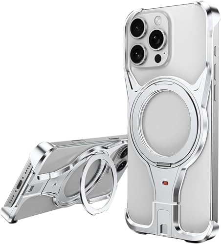 HUHUCASE Schutzhülle für iPhone 16Promax mit magnetischer Metallhalterung, hohle Aluminiumlegierung, rahmenlos, Anti-Fall-Hülle (Silber, iPhone 15 Pro Max) von HUHUCASE