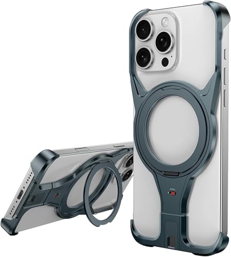 HUHUCASE Schutzhülle für iPhone 16Promax mit magnetischer Metallhalterung, hohle Aluminiumlegierung, rahmenlos, Anti-Fall-Hülle (Zinnfarbe, iPhone 16 Pro Max) von HUHUCASE