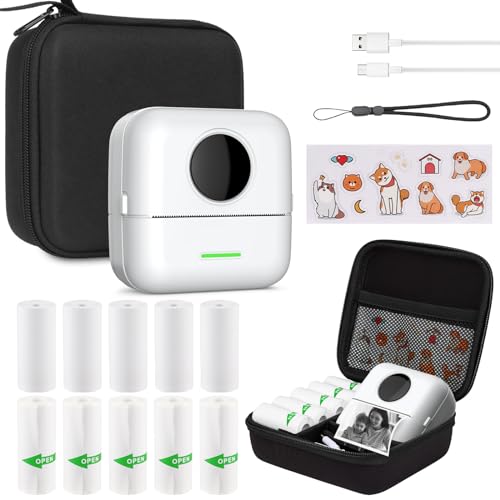 Mini Drucker mit Tasche, Mini Etikettendrucker Tasche Tragbarer Mini Fotodrucker 10 Rollen Druckerpapie Bluetooth Fotodrucker Thermodrucker für Lernhilfe Lernnotizen Journal Memo (White with Bag) von HUIJUTCHEN