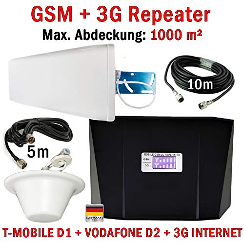 GSM + 3G Repeater Handy Verstärker für Telefonie Verstärkung T-Mobile D1 / Vodafone D2 (900 MHz) + 3G UMTS Internet Verstärkung D1 D2 O2 E-Netz (2100 MHz) – (bis zu 1000 m²) + Außen- und Innenantenne von HUKITECH