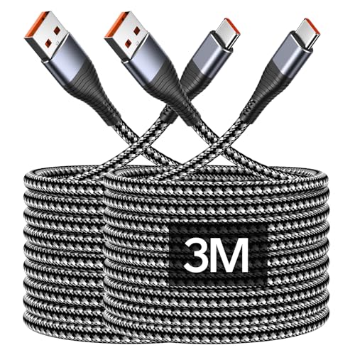 USB C Kabel 3M [2Stück], Lang Nylon USB A auf Typ C Ladekabel für PS5 Controller, Schnellladekabel USBC für iPhone 16 15 Pro Max, Samsung Galaxy S25 S24 S23 S22 S21 S20, CarPlay, Android Auto von HUNYYN