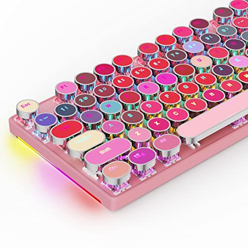 HUO JI Mechanische Gaming-Tastatur Schreibmaschinen-Stil mit RGB-Seitenbeleuchtung und Regenbogen-Hintergrundbeleuchtung, Retro-Stil, blaue Schalter - Clicky, Metallplatte, Lippenstift, 104 Tasten, USB verkabelt für Mac, PC, süßes Rosa von HUO JI