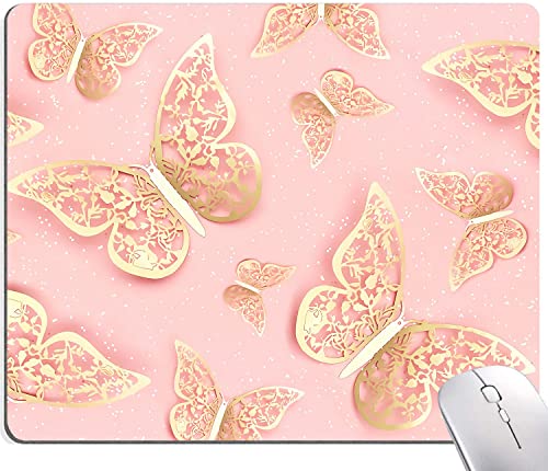 Gold beleuchtete Schmetterlinge Mauspads, glänzendes Konfetti auf rosa Mauspads, rutschfeste Gummiunterseite, wasserdichtes Mauspad für Laptop von HUOCAIREN