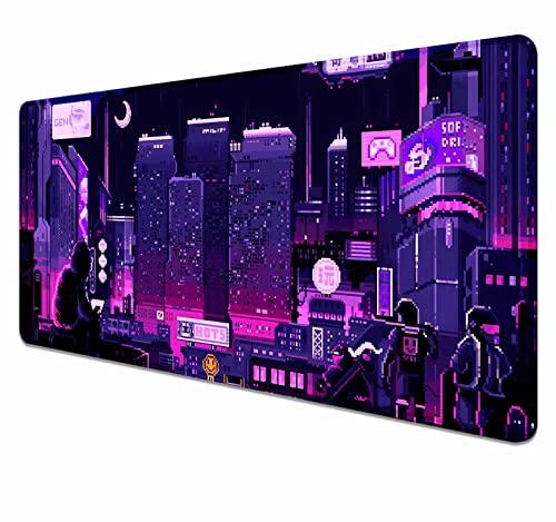 HUOCAIREN Retro Vaporwave Großes Mauspad für Schreibtisch, Neon Tokyo Street Pixel Art Schreibtischunterlage, Lila Japanisches Anime Gaming Mauspad XXL, Skyline City Schreibtischmatte, 31.5x15.7 Zoll von HUOCAIREN