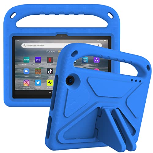 Kinder-Tablet-Hülle kompatibel mit Amazon Fire 7 (2022), Hülle mit Ständer, strapazierfähig, stoßfest, EVA-Schutzhülle mit Griff/Schultergurt, Stoßschutz, Kinderabdeckung, Blau von HUOLUNGJIN