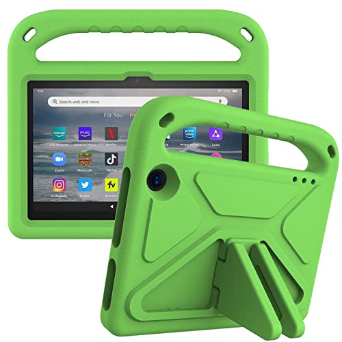 Kinder-Tablet-Hülle kompatibel mit Amazon Fire 7 (2022), Hülle mit Ständer, strapazierfähig, stoßfest, EVA-Schutzhülle mit Griff/Schultergurt, Stoßschutz, Kinderabdeckung, Grün von HUOLUNGJIN