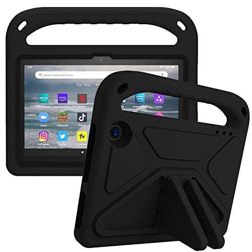 Kinder-Tablet-Hülle kompatibel mit Amazon Fire 7 (2022), Hülle mit Ständer, strapazierfähig, stoßfest, EVA-Schutzhülle mit Griff/Schultergurt, Stoßschutz, Kinderabdeckung, Schwarz von HUOLUNGJIN
