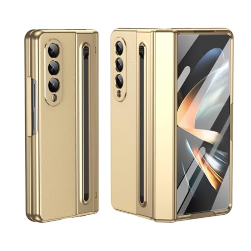 Kompatibel mit Samsung Galaxy Z Fold 3 Handyhülle mit eingebautem kompaktem S-Stiftschlitz, Displayschutzfolie, normalem Eingabestift, faltbare Serie, Vollpack-Schutzhülle (Gold) von HUOLUNGJIN
