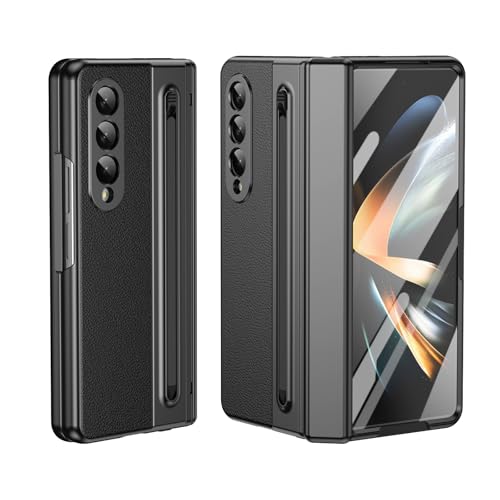 Kompatibel mit Samsung Galaxy Z Fold 3 Handyhülle mit eingebautem kompaktem S-Stiftschlitz, Displayschutzfolie, normalem Eingabestift, faltbare Serie, Vollpack-Schutzhülle (schwarz) von HUOLUNGJIN
