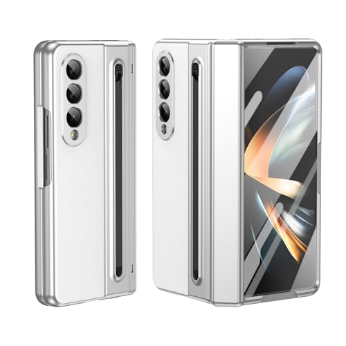 Kompatibel mit Samsung Galaxy Z Fold 3 Handyhülle mit eingebautem kompaktem S-Stiftschlitz, Displayschutzfolie, normalem Eingabestift, faltbare Serie, Vollpack-Schutzhülle (weiß) von HUOLUNGJIN