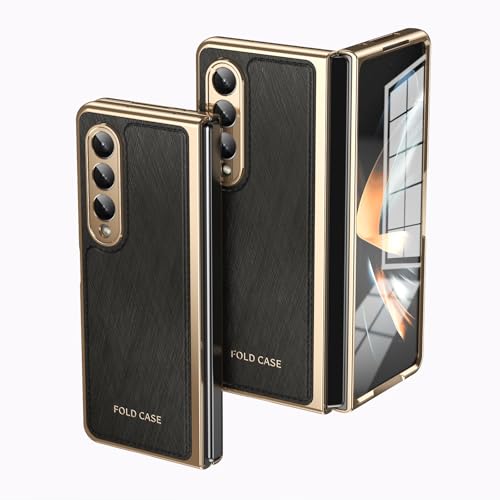 Kompatibel mit Samsung Galaxy Z Fold 3 Klappbare Hülle mit Displayschutzfolie, Luxus PU Leder Slim Fit Handyhülle - Vergoldet Gold Edge Drop Scratch & Shock Protection Case (Schwarz) von HUOLUNGJIN