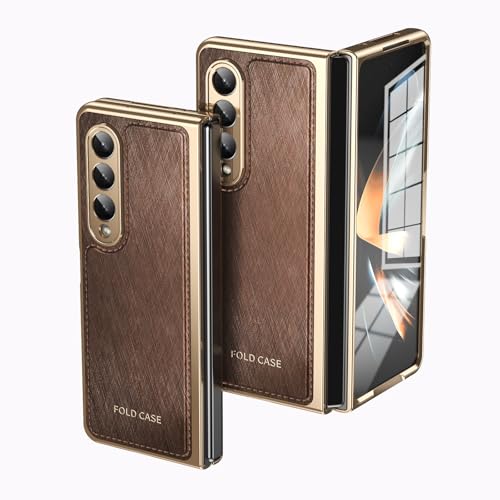 Kompatibel mit Samsung Galaxy Z Fold 3 Klappetui mit Displayschutzfolie, Luxus PU Leder Slim Fit Handyhülle - Vergoldete Kanten, Fall-, Kratz- und Stoßschutz (Braun) von HUOLUNGJIN