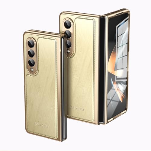 Kompatibel mit Samsung Galaxy Z Fold 3 Klappetui mit Displayschutzfolie, Luxus PU Leder Slim Fit Handyhülle – Vergoldete Kanten, Sturz-, Kratz- und Stoßschutz (Gold) von HUOLUNGJIN