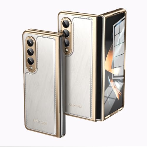 Kompatibel mit Samsung Galaxy Z Fold 4 Klappetui mit Displayschutzfolie, Luxus PU Leder Slim Fit Handyhülle - Vergoldete Kanten, Fall-, Kratz- und Stoßschutz (Weiß) von HUOLUNGJIN
