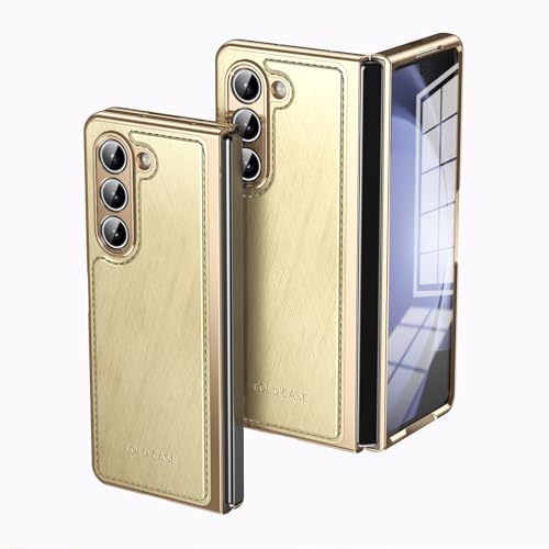 Kompatibel mit Samsung Galaxy Z Fold 5, Klappetui, mit Displayschutzfolie, luxuriöses PU-Leder, schmale Passform, goldfarbene Kanten, Fall-, Kratz- und Stoßschutz (Gold) von HUOLUNGJIN